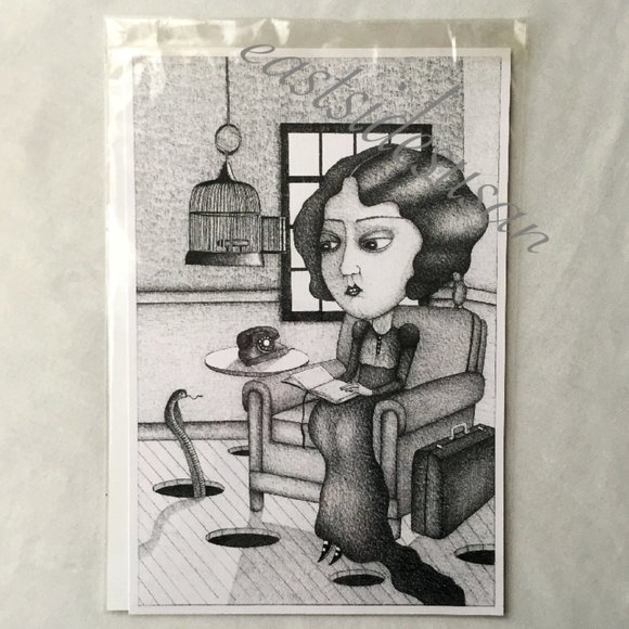 Indie Artist Other - OOP Goth Art Print Gorey insp 20s Flapper Pen Ink
